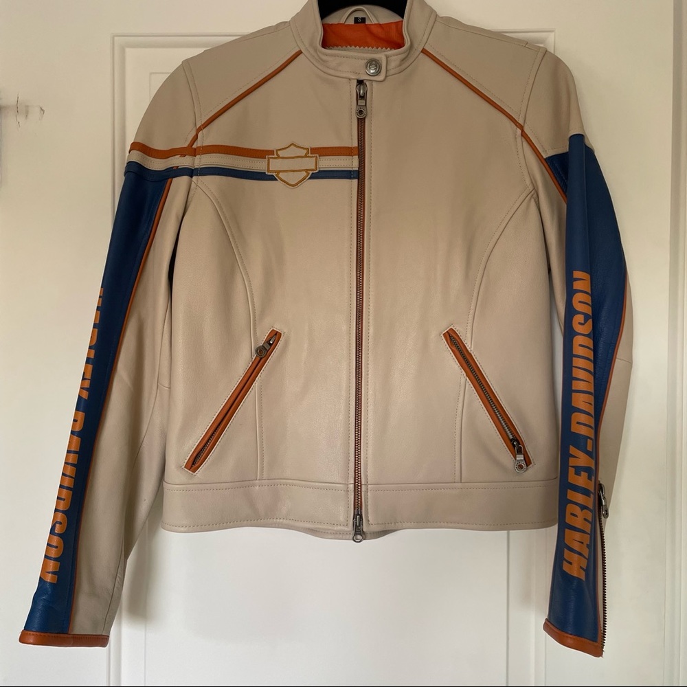 Harley Davison Orange / Blue / Cream leather jacket - Picture 7 of 16